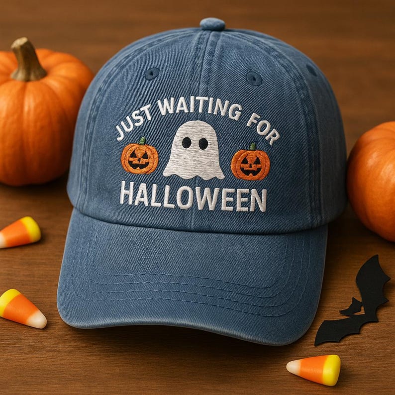 Just Waiting For Halloween Embroidered Hat, Halloween Ghost Pumpkin Embroidered Cap, Halloween Pattern Hat, Spooky Season gift
