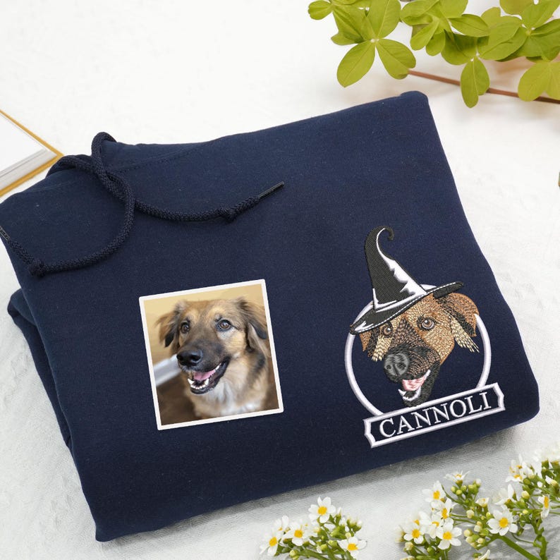 Custom Halloween Embroidered Dog From Your Photo Sweatshirt, Pet Portrait Hoodie with Halloween Hat, Spooky Season, Cozy Fall Sweatshirt