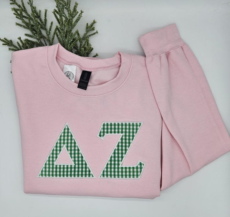 Gingham Sorority Letters Embroidered sweatshirt, hoodie. Delta Delta Delta, Chapter sweatshirt. Big Little shirts. Delta Gamma.