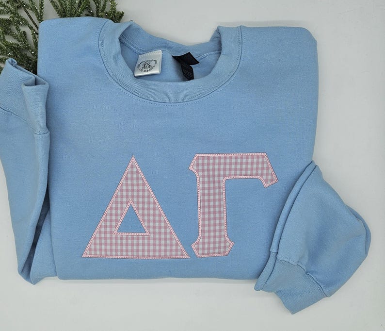 Gingham Sorority Letters Embroidered sweatshirt, hoodie. Delta Delta Delta, Chapter sweatshirt. Big Little shirts. Delta Gamma.