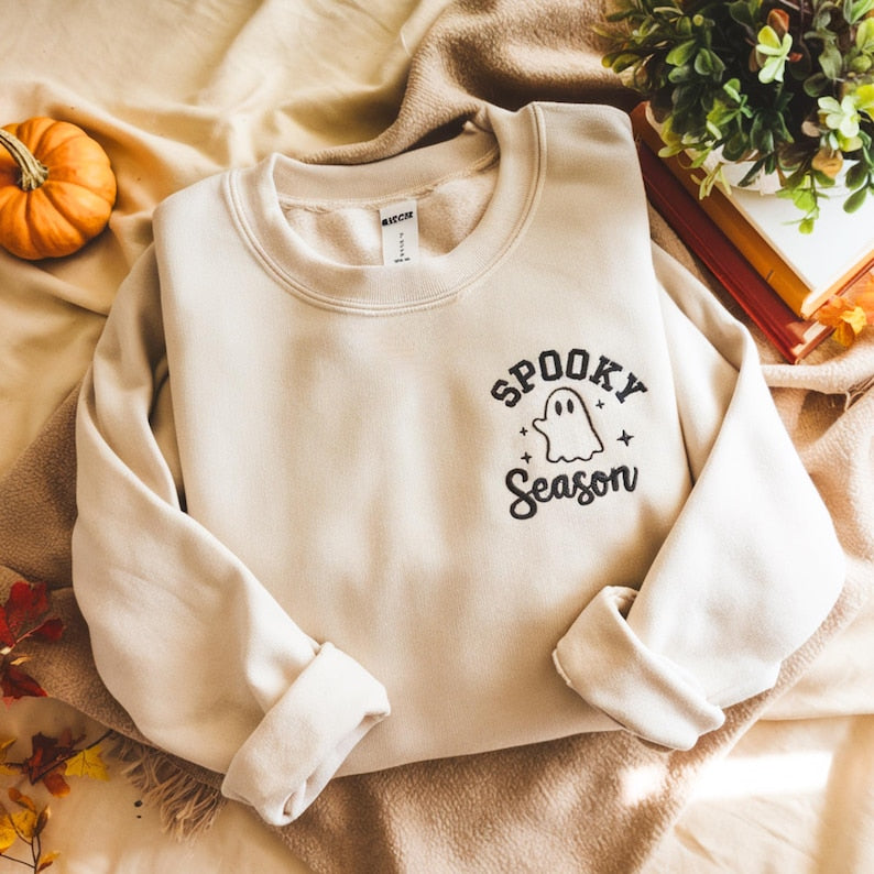 Embroidered Cute Spooky Season Sweatshirt, Cute Halloween Sweatshirt, Cute Fall Hoodie, Gift For Halloween, Spooky Season Crewneck