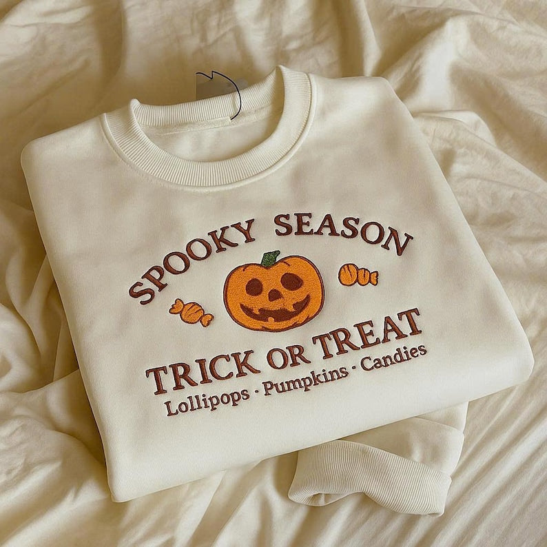 Spooky Season Embroidered Sweatshirt Halloween Pumpkin Trick or Treat Crewneck, Fall Autumn Embroidery Sweater, Ghost & Jack O Lantern