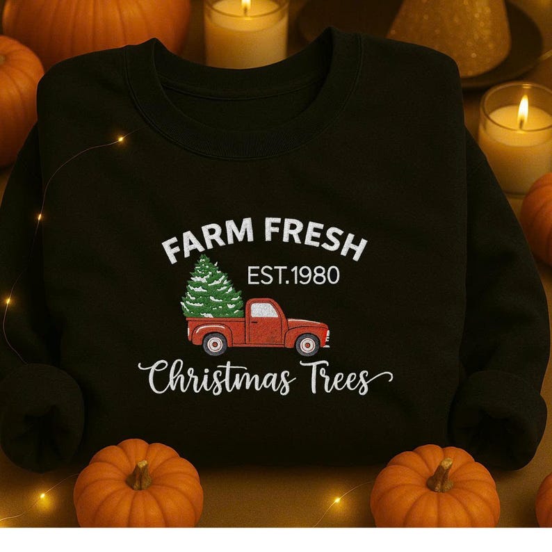 Embroidered Christmas Tree Sweatshirt: Farm Holiday Crewneck, Festive Winter Crewneck for Christmas Lovers, Family Gatherings and Holiday Parties