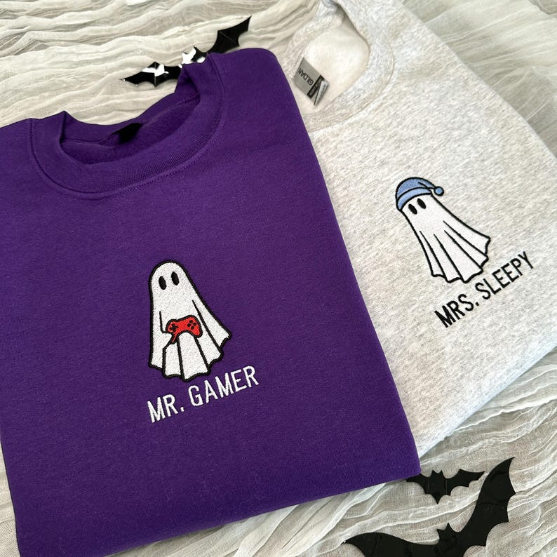 Personalized Embroidered Ghost Sweatshirt, Couple Halloween Hoodie, Mr. Gamer Mrs. Sleepy Shirt, Cute Family Fall Sweatshirt, Spooky Season