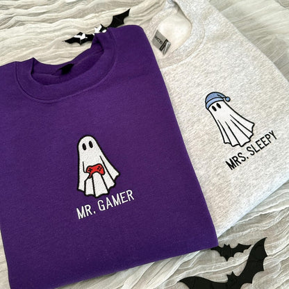 Personalized Embroidered Ghost Sweatshirt, Couple Halloween Hoodie, Mr. Gamer Mrs. Sleepy Shirt, Cute Family Fall Sweatshirt, Spooky Season