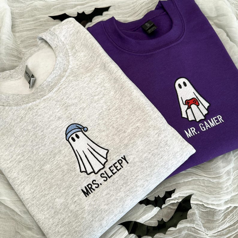 Personalized Embroidered Ghost Sweatshirt, Couple Halloween Hoodie, Mr. Gamer Mrs. Sleepy Shirt, Cute Family Fall Sweatshirt, Spooky Season