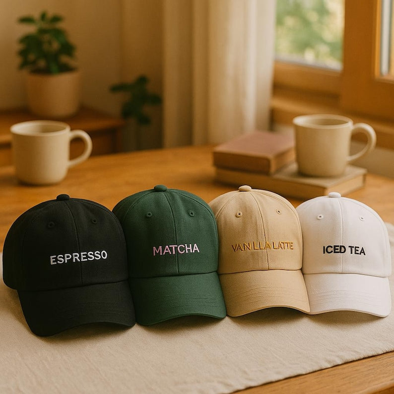 Coffee & Tea Embroidered Hats Espresso, Matcha, Vanilla Latte, Iced Tea Baseball Caps, Aesthetic Adjustable Dad Hats for Cafe Lovers