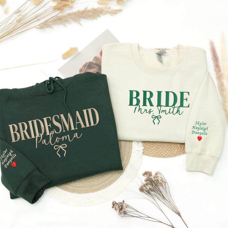 Personalized Bride and Bridesmaid Sweatshirts Custom Wedding Party Matching Tops with Names, Perfect for Bridal Showers, Bachelorette Parties or Gifts