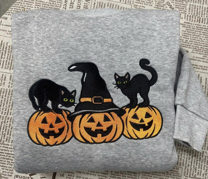 Halloween Black Cat Embroidered Sweatshirt, Cute Pumpkin Fall Crewneck, Autumn Spooky Season Top, Cat Lover Halloween Gift Shirt