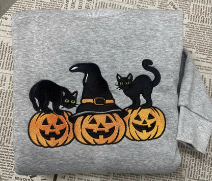 Halloween Black Cat Embroidered Sweatshirt, Cute Pumpkin Fall Crewneck, Autumn Spooky Season Top, Cat Lover Halloween Gift Shirt