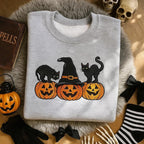 Halloween Black Cat Embroidered Sweatshirt, Cute Pumpkin Fall Crewneck, Autumn Spooky Season Top, Cat Lover Halloween Gift Shirt