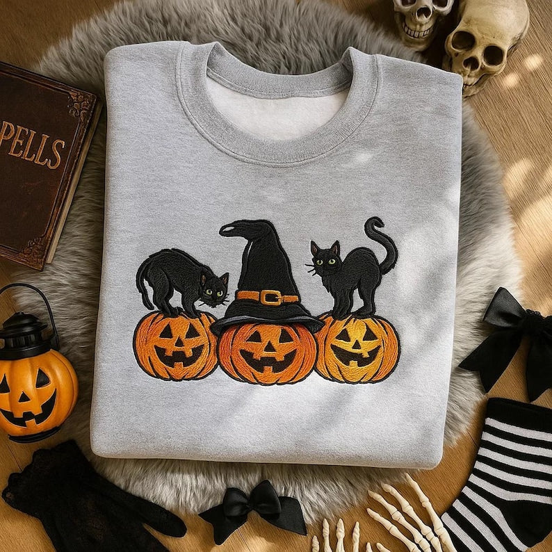 Halloween Black Cat Embroidered Sweatshirt, Cute Pumpkin Fall Crewneck, Autumn Spooky Season Top, Cat Lover Halloween Gift Shirt