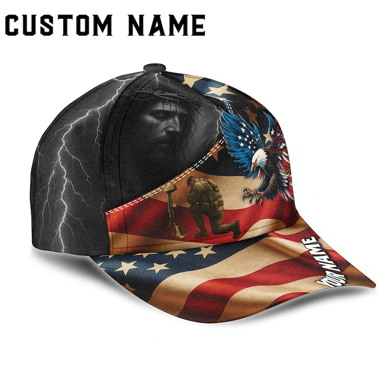 Custom Name Hat, Personalized Eagle Hat with American Flag & Lightning Veteran Soldier Cap, USA Military Gift for Men, Custom Name Snapback