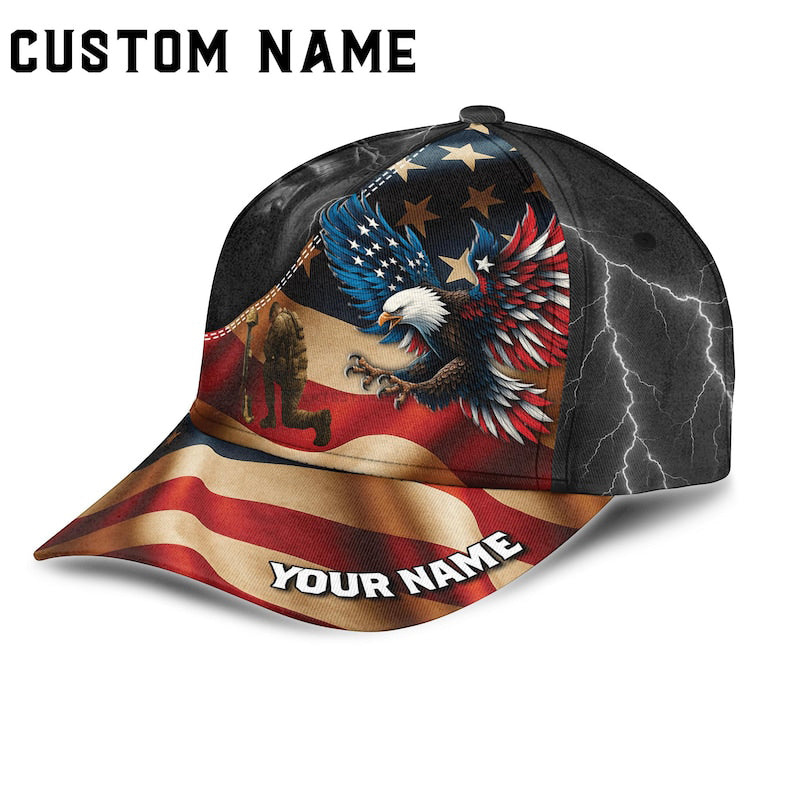 Custom Name Hat, Personalized Eagle Hat with American Flag & Lightning Veteran Soldier Cap, USA Military Gift for Men, Custom Name Snapback