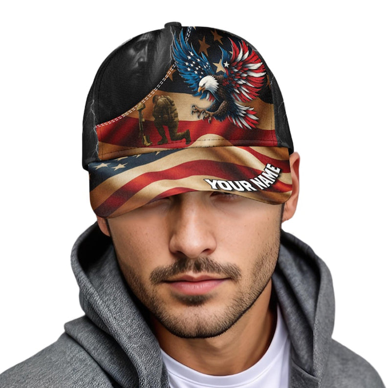 Custom Name Hat, Personalized Eagle Hat with American Flag & Lightning Veteran Soldier Cap, USA Military Gift for Men, Custom Name Snapback