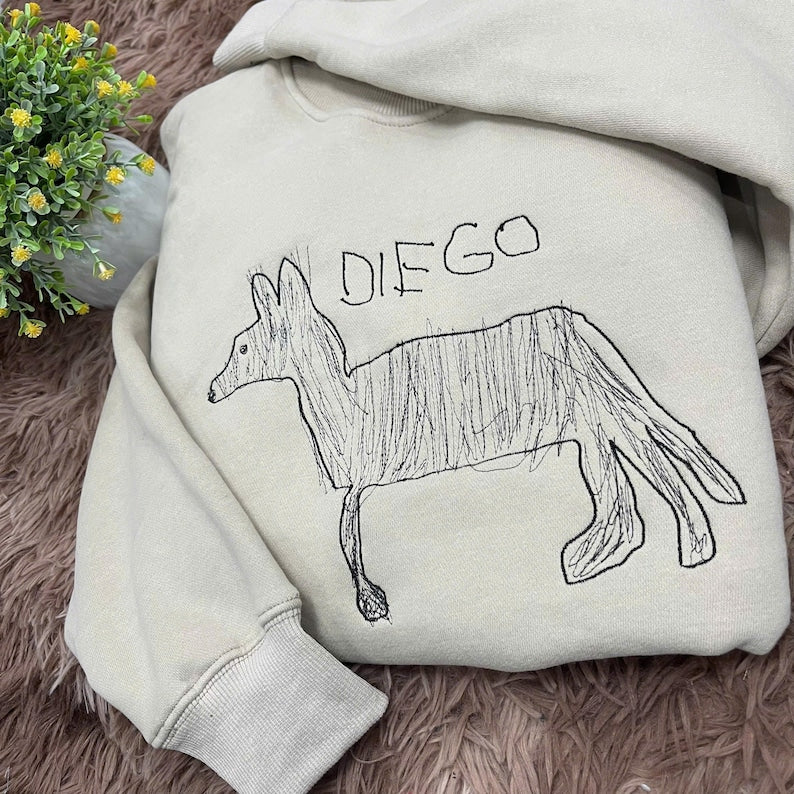 Custom Kids Drawing Sweatshirt, Personalized Family Portrait Embroidered Sweater, Unique Gift from Child s Artwork, Custom Mom Dad and Pet Illustration Jumper