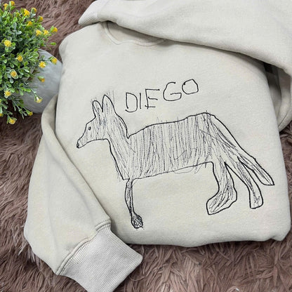 Custom Kids Drawing Sweatshirt, Personalized Family Portrait Embroidered Sweater, Unique Gift from Child s Artwork, Custom Mom Dad and Pet Illustration Jumper