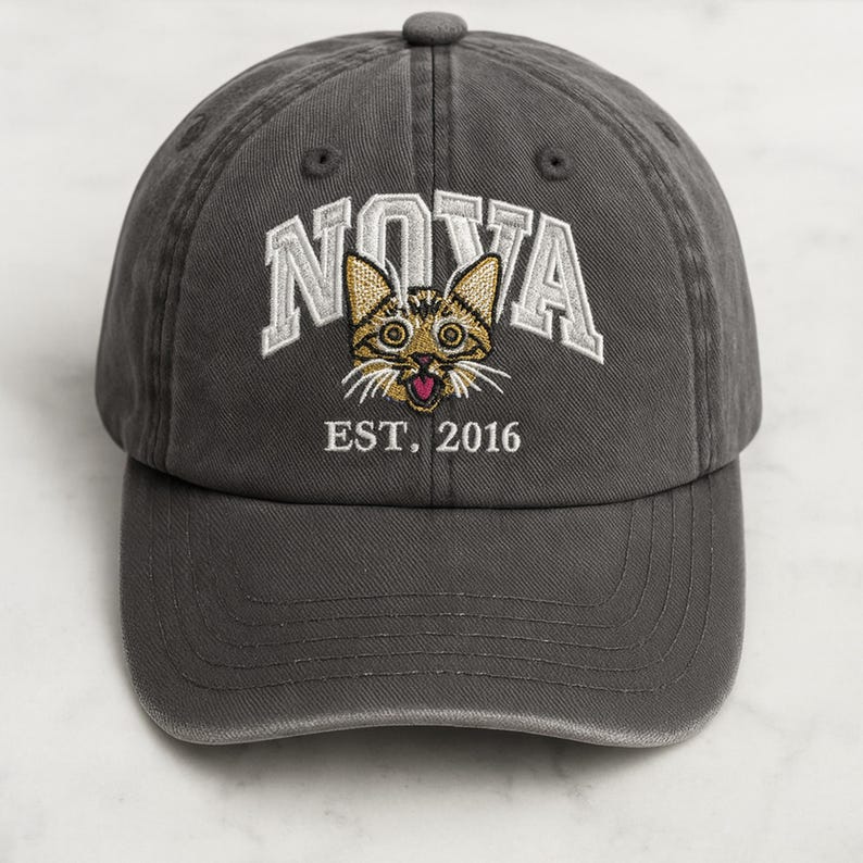 Custom Cat Photo Embroidered Hat, Personalized Hat with Pet Photo & Name, Dog Portrait Sketch Hat, Cat Portrait from Photo, Gift for Dog Mom