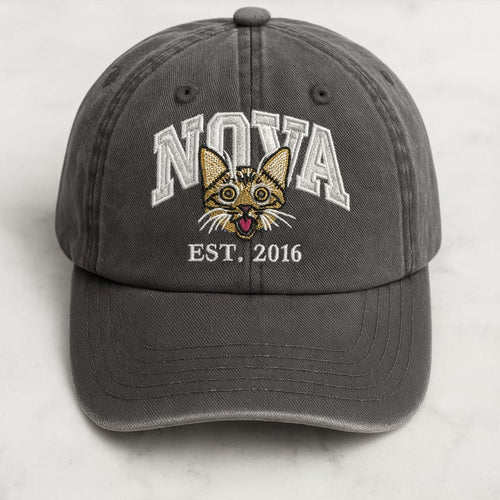 Custom Cat Photo Embroidered Hat, Personalized Hat with Pet Photo & Name, Dog Portrait Sketch Hat, Cat Portrait from Photo, Gift for Dog Mom
