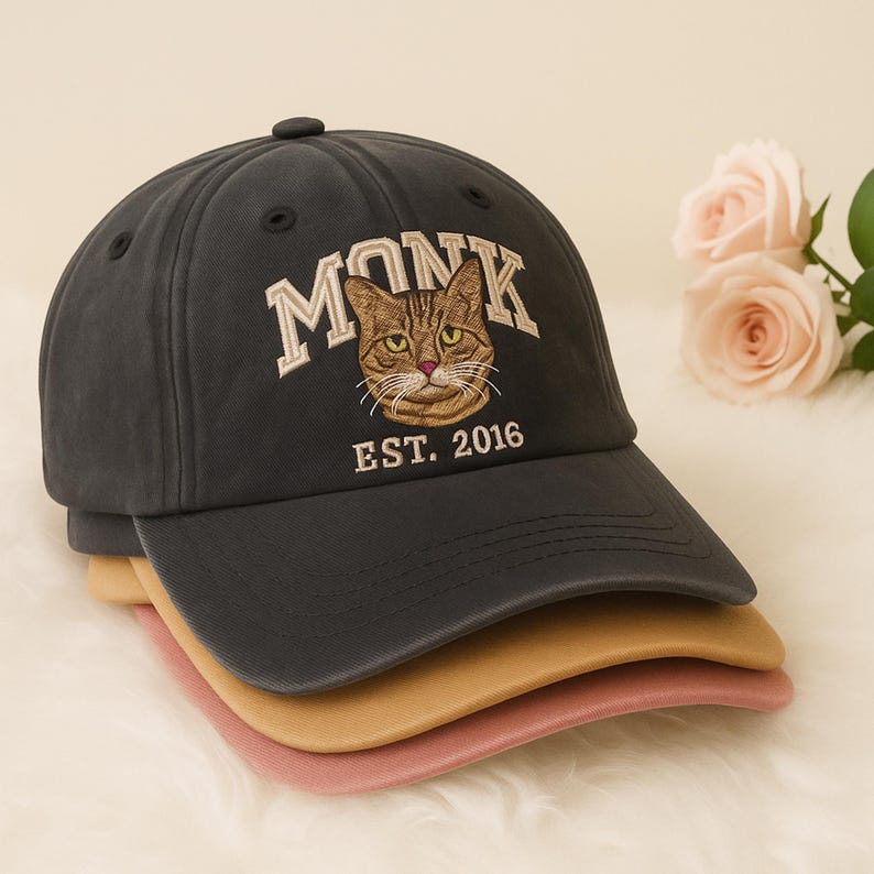 Custom Cat Photo Embroidered Hat, Personalized Hat with Pet Photo & Name, Dog Portrait Sketch Hat, Cat Portrait from Photo, Gift for Dog Mom