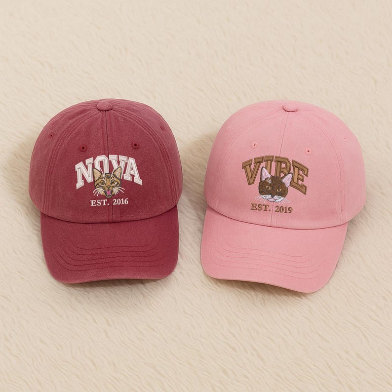 Custom Cat Photo Embroidered Hat, Personalized Hat with Pet Photo & Name, Dog Portrait Sketch Hat, Cat Portrait from Photo, Gift for Dog Mom