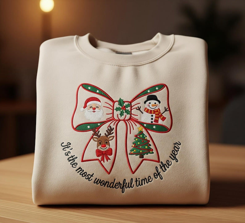 Christmas Bow Embroidered Sweatshirt Santa Reindeer Snowman Tree Holiday Pullover Cozy Festive Winter Sweater