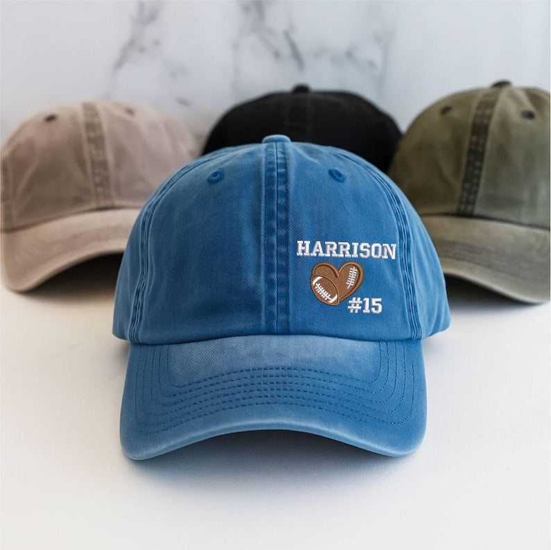 Personalized Football Hat with Name & Number, Embroidered Distressed Baseball Cap, Custom School Team Hat, Cute Heart Football Fans Hat