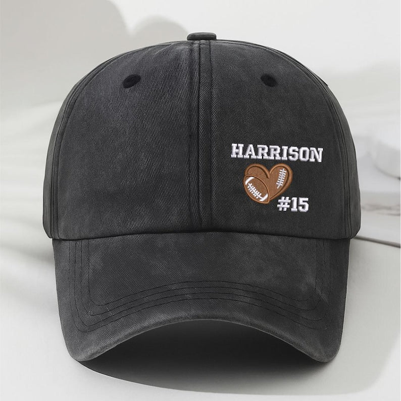Personalized Football Hat with Name & Number, Embroidered Distressed Baseball Cap, Custom School Team Hat, Cute Heart Football Fans Hat