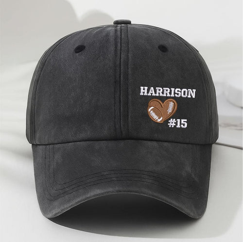 Personalized Football Hat with Name & Number, Embroidered Distressed Baseball Cap, Custom School Team Hat, Cute Heart Football Fans Hat
