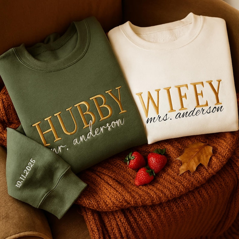 Wifey Hubby Embroidered Sweatshirt or Hoodie - Bridal Gift, Engagement Sweatshirt, Couples Embroidered Hoodie, Gift For Her Him