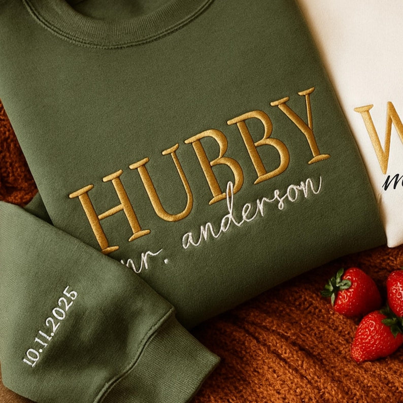 Wifey Hubby Embroidered Sweatshirt or Hoodie - Bridal Gift, Engagement Sweatshirt, Couples Embroidered Hoodie, Gift For Her Him