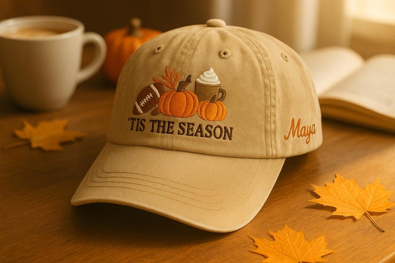 Tis The Season Hat, Pumpkin Embroidered Baseball Cap, Fall Coffee Football Dad Hat, Autumn Aesthetic Cap, Cozy Gift