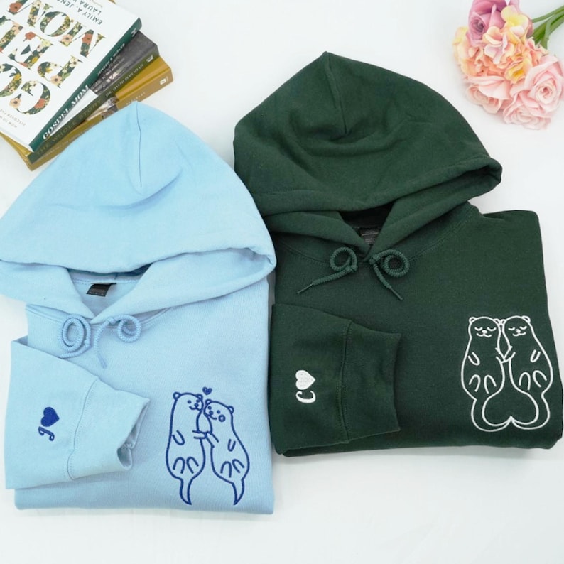 Embroidered Otter Love Matching Couples Hoodie, Couple Embroidery Sweatshirt, Custom Sleeve, Anniversary Sweater, Gift For Him Her