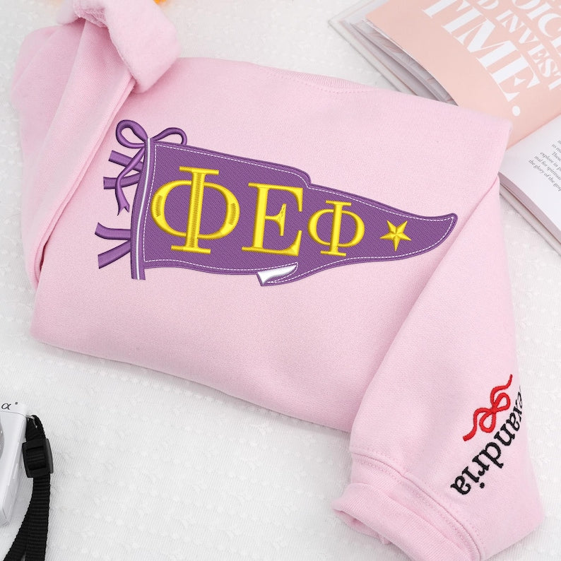 Custom Embroidered Sorority Sweatshirt with Pennant Flag, Besties Sweatshirt, College Gift, Personalized Sorority Hoodie