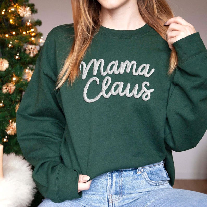 Custom Chenille YARN EMBROIDERED Sweatshirt, Custom Mama Claus shirt for Mimi, Nana, Christmas Gift for Grandma, Christmas Holiday Shirt
