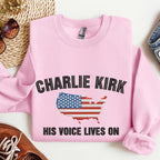 Charlie Kirk His Voice Lives On Embroidered Sweatshirt, American Flag Embroidered Sweater, Charlie Freedom Hoodie, Justice For Charlie Hoodie