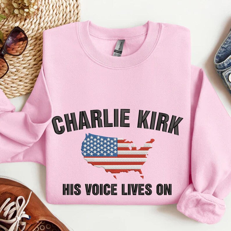Charlie Kirk His Voice Lives On Embroidered Sweatshirt, American Flag Embroidered Sweater, Charlie Freedom Hoodie, Justice For Charlie Hoodie