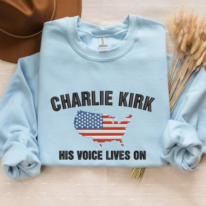 Charlie Kirk His Voice Lives On Embroidered Sweatshirt, American Flag Embroidered Sweater, Charlie Freedom Hoodie, Justice For Charlie Hoodie