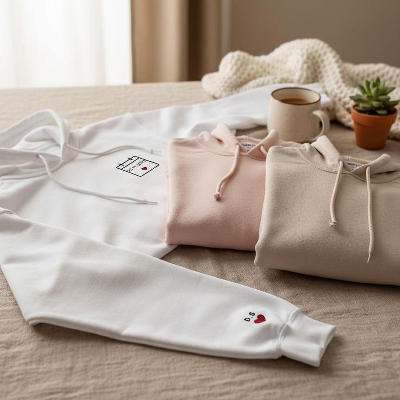 Personalized Embroidered Hoodie with Initials, Special Date & Heart | Custom Couple Sweatshirt | Meaningful Anniversary Gift
