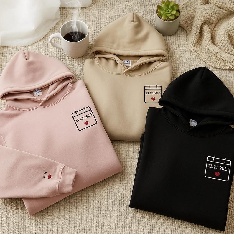 Personalized Embroidered Hoodie with Initials, Special Date & Heart | Custom Couple Sweatshirt | Meaningful Anniversary Gift