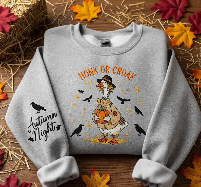 Honk or Croak Goose Embroidered Sweatshirt, Funny Halloween Goose Crewneck, Autumn Night Crow Pullover