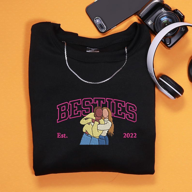 Custom Best Friend Hoodie, Personalized Embroidered Portrait from Photo, Matching Bestie Sweatshirt, Friendship Birthday Gifts, BFF Gifts