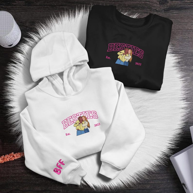 Custom Best Friend Hoodie, Personalized Embroidered Portrait from Photo, Matching Bestie Sweatshirt, Friendship Birthday Gifts, BFF Gifts