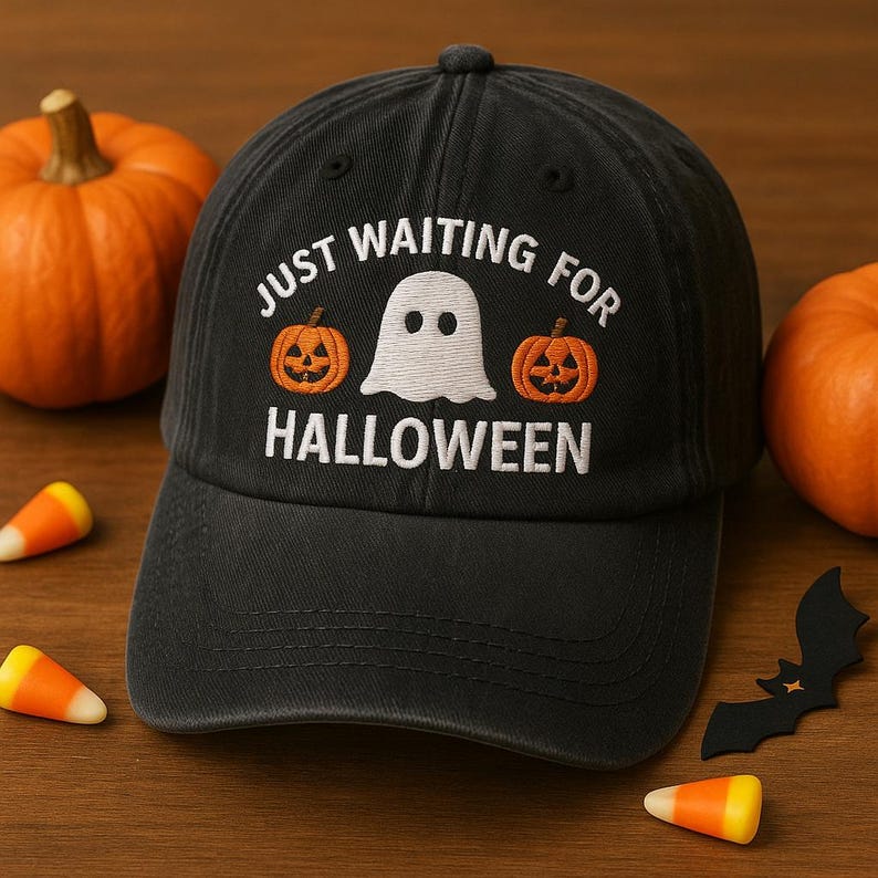 Just Waiting For Halloween Embroidered Hat, Halloween Ghost Pumpkin Embroidered Cap, Halloween Pattern Hat, Spooky Season gift