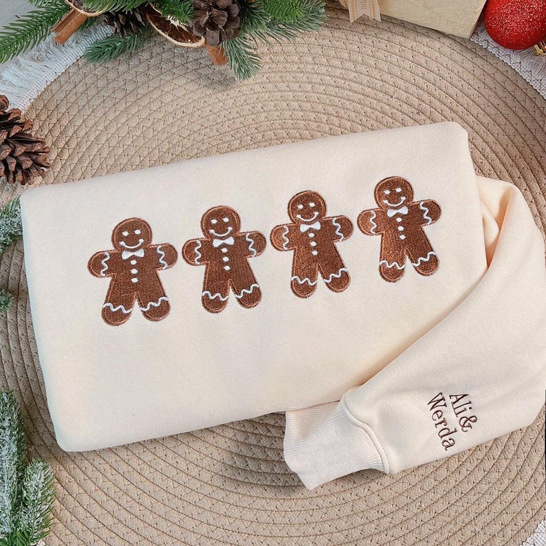 Gingerbread Men Embroidered Sweatshirt, Cute Christmas Cookie Crewneck,Matching Holiday Pullover, Festive Unisex Winter Sweater
