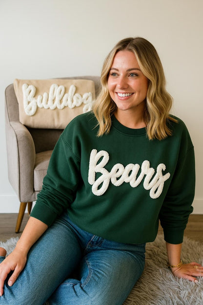 Customized Chenille YARN EMBROIDERED Chenille Game Day Fuzzy Letter,Team Spirit Shirt,Football Moms,Chenille Patch Sports Team Sweatshirt