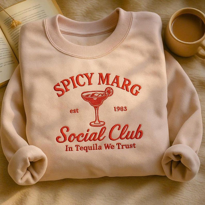 Spicy Marg Social Club Sweatshirt Retro Margarita Cocktail Graphic, In Tequila We Trust, Cozy Crewneck for Party Lovers and Fun Night Out Gift