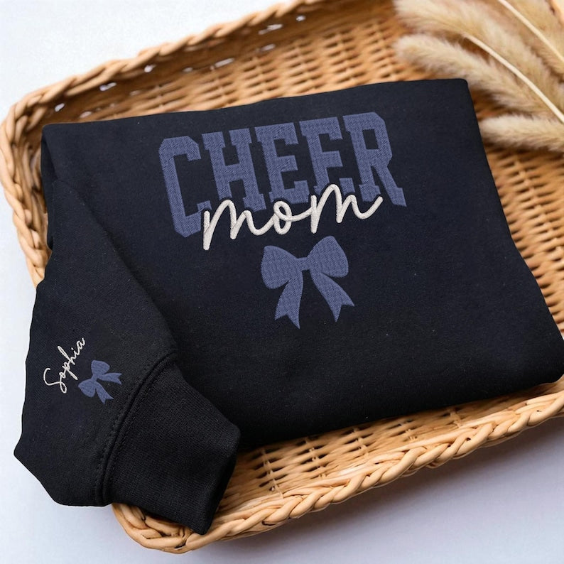 Custom Embroidered Cheer Mom Sweatshirt, Personalized Cheer Team Gift with Child s Name, Spirit Wear for Game Day, Birthday Gift for Mom