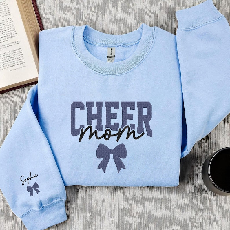 Custom Embroidered Cheer Mom Sweatshirt, Personalized Cheer Team Gift with Child s Name, Spirit Wear for Game Day, Birthday Gift for Mom