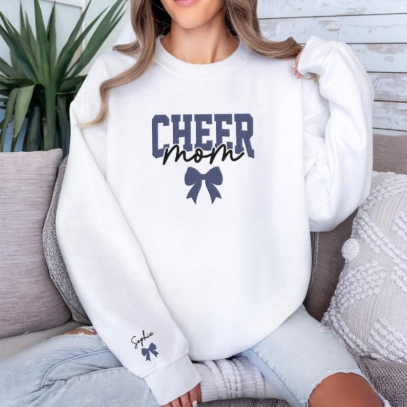Custom Embroidered Cheer Mom Sweatshirt, Personalized Cheer Team Gift with Child s Name, Spirit Wear for Game Day, Birthday Gift for Mom